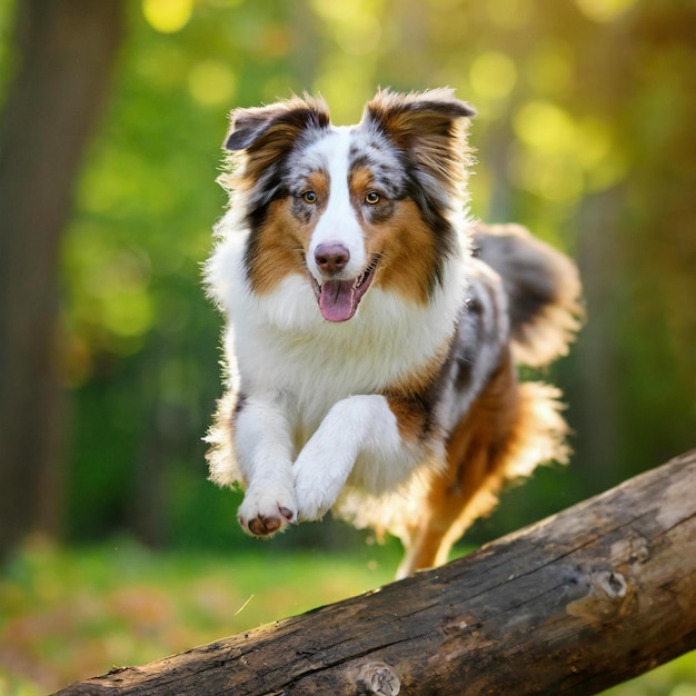 Agile Australian Shepherd dog jumping over log in park