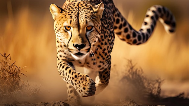 Проворный гепард мчится по золотой саванне с невероятной скоростью и грацией.