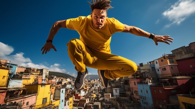 Foto atleta maschio agile di parkour che salta tra gli edifici