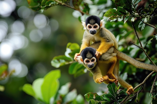 Agile monkeys swinging through treetops in the rainforest Dynamic scene of monkeys displaying agility while swinging through rainforest treetops