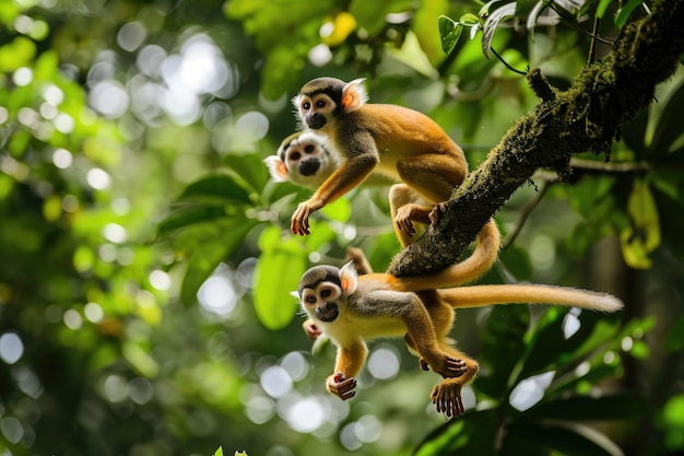 Agile monkeys swinging through treetops in the rainforest Dynamic scene of monkeys displaying agility while swinging through rainforest treetops