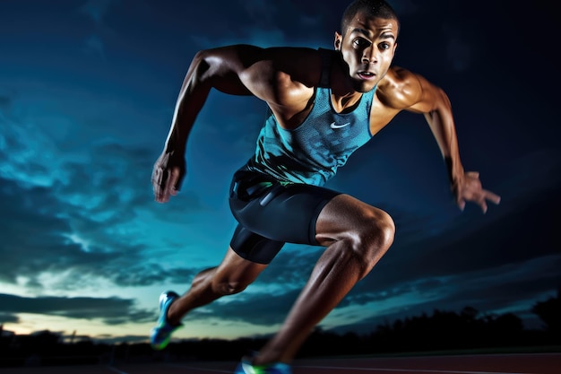 Ловкость и скорость спортсмена-мужчины во время спринтерской тренировки на треке Генеративный ИИ