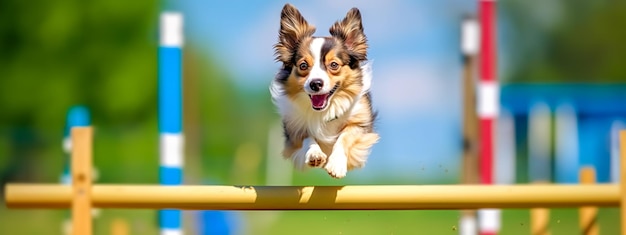 Agility sporthonden een hond springt over een hindernis in een wedstrijdbanner gemaakt met Generative AI