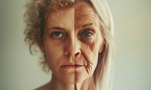 Photo aging concept half young and half old woman portrait