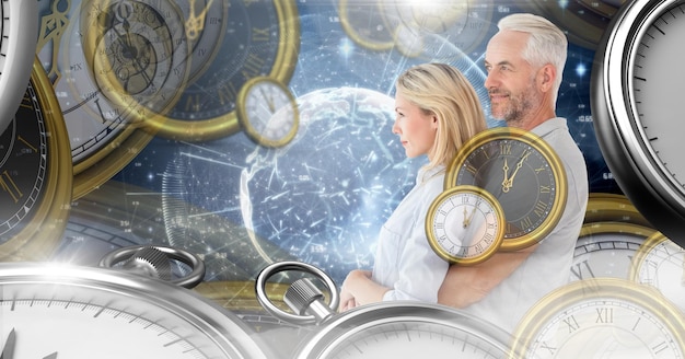 Aging couple in surreal time montage of clocks