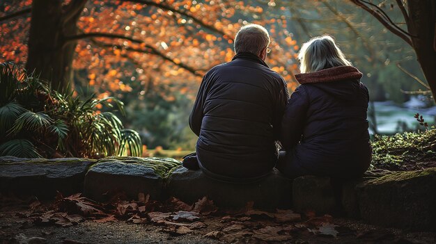 사진 공원에서 평화로운 가을 오후를 즐기는 우아한 노인 부부