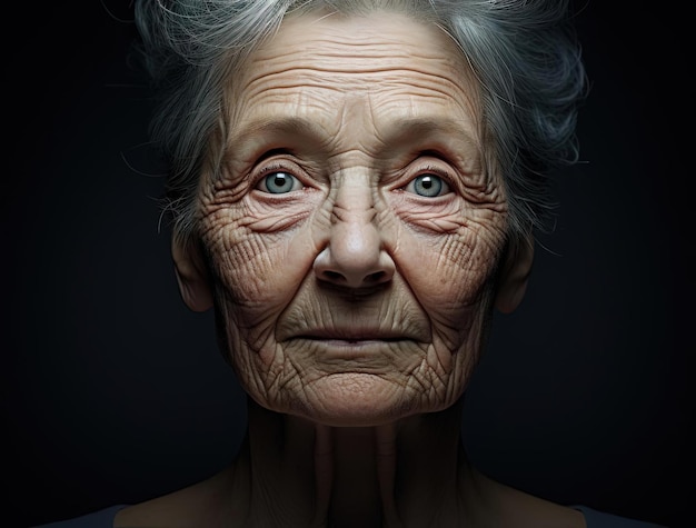 aging woman with face at the end of the grey background