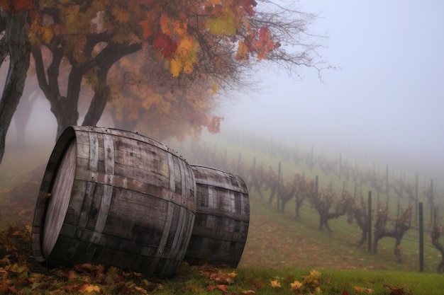 Aging wooden barrel in a foggy vineyard created with generative ai