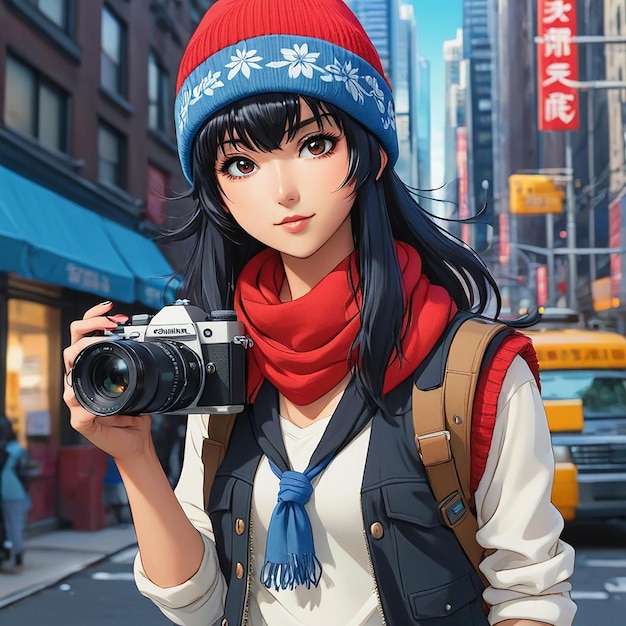 Photo agirl with straight black hair and bangs wearing a red beanie and wearing a blue and white bandana