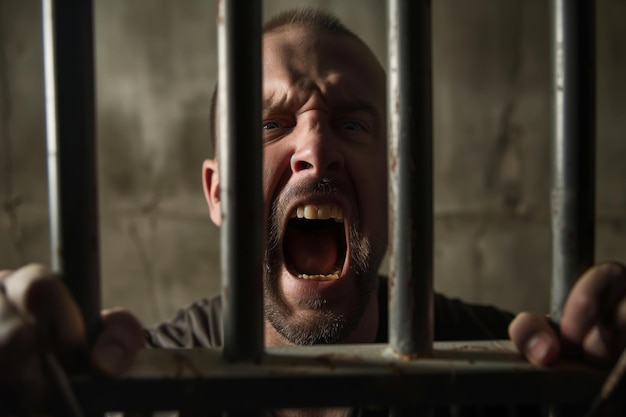 Расстроенный заключенный кричит через тюремные решетки.