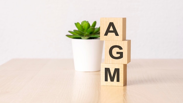 AGM jaarlijkse algemene vergadering acroniem op houten kubussen op houten backround bedrijfsconcept