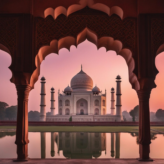 Foto una fotografia di vista frontale con vista laterale di agra taj mahal