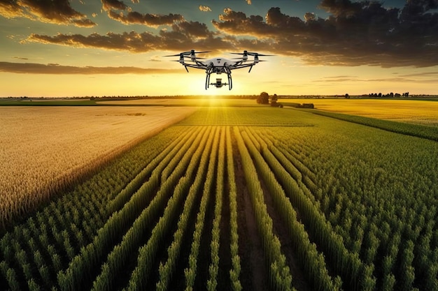 Agrarisch veld met gewassen en agronoom-drone die erboven vliegt, gemaakt met generatieve ai