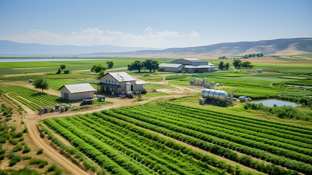 Agrarische boerderij met velden, tractoren en machines voor de voedselproductie. Agrarisch landschap Generatieve ai