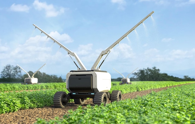 Agrarische robots werken in slimme boerderijen Robot spuit kunstmest in de moestuin