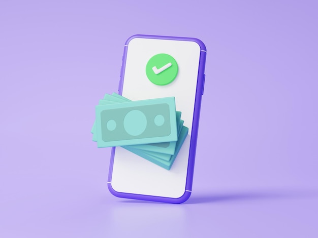 Photo agree checkmark account atm automatic deposit machine on mobile phone banknote floating on purple background transaction internet banking money transfer concept cartoon minimal 3d rendering