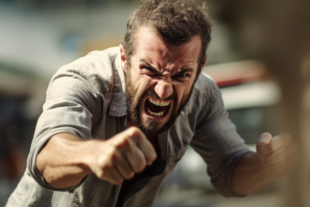 Foto agressieve blanke man dreigt met vuist boze volwassene toont gevechts- en gewelddadige gebaren