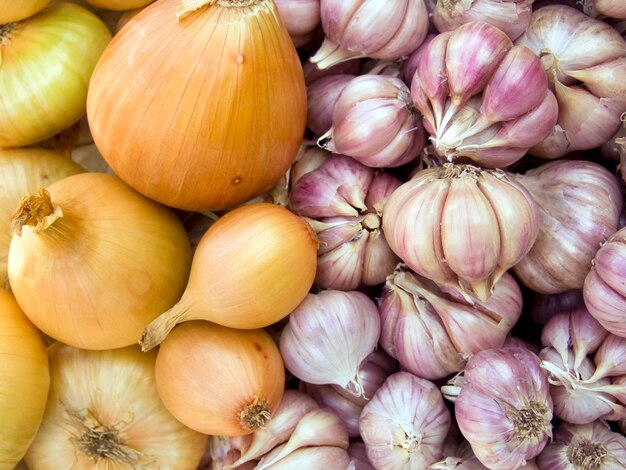 Agricultural background a pile of beautiful bulb onions and garlic