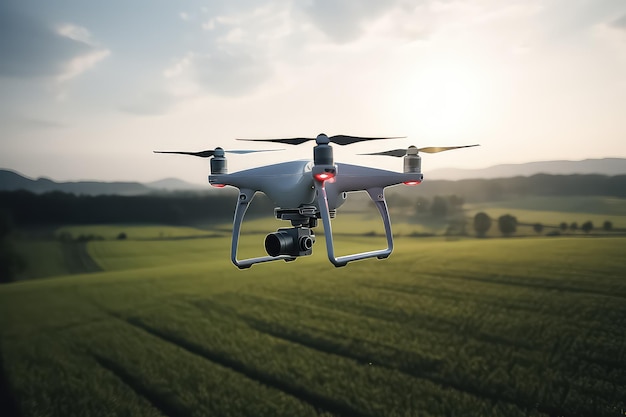 Agricultural drone flies to spray fertilizer in sweet corn fields terrain scanning technology AI