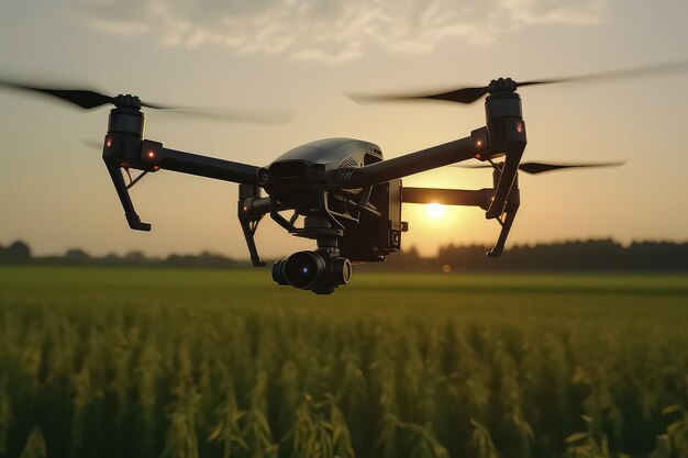 Agricultural drone flies to spray fertilizer in sweet corn fields terrn scanning technology