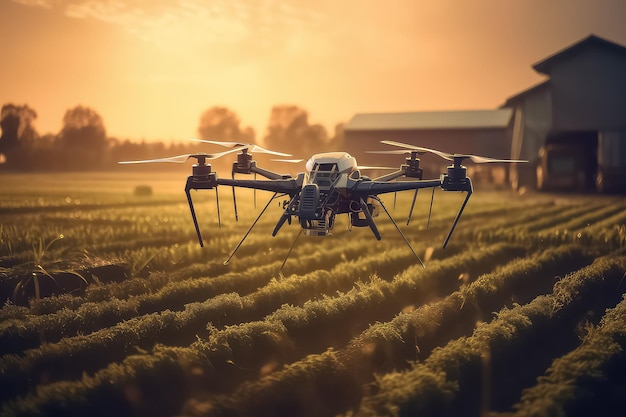 An agricultural drone is flying to spray fertilizer in the sweet corn fields