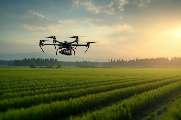 Agricultural Drone Soaring Above Verdant Green Field Generative AI