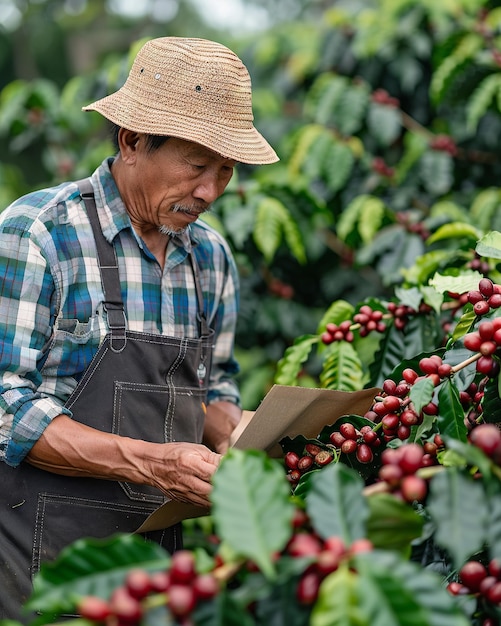 Photo agricultural engineer analyzing coffee bean health in field on summer day