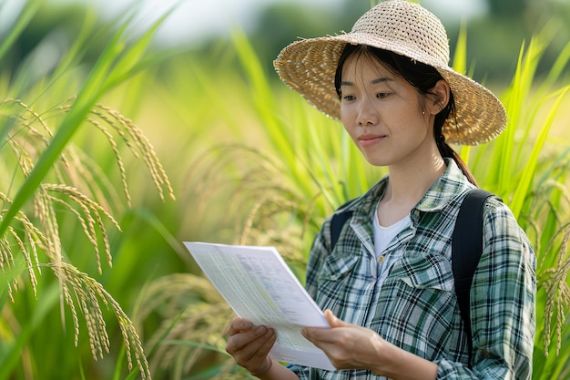 Photo agricultural engineer analyzing rice health in field on summer dayagricultural engineer rice healtha