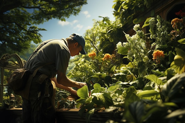 Agricultural Farmer Tending Crops: A farmer in a sun-drenched field carefully tends to rows of vibrant green crops.Generated with AI