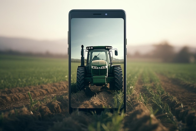 Foto un campo agricolo e un telefono sullo schermo di cui c'è un trattore