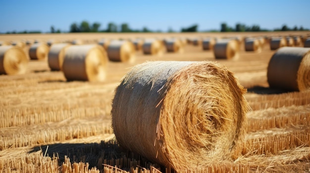 agricultural field with hay bales on a beautiful warm and bright summer day blue sky with some clou