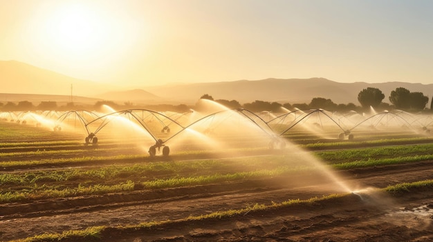 Photo agricultural irrigation system automated agriculture system with large irrigation sprinklers spraying water over in potato field generative ai