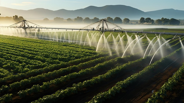 Photo agricultural irrigation system watering the fields in the morning