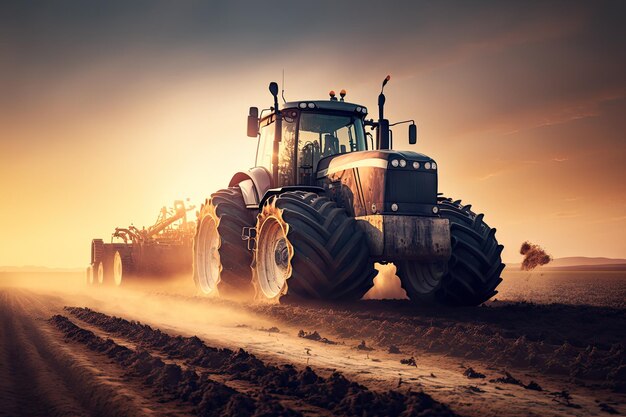 An agricultural machine creates certain rows of plants in cleared soil in a large field