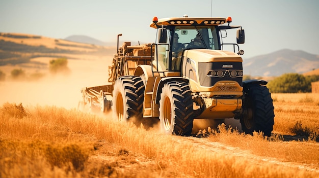 Agricultural machinery working on a farm harvesting wheat