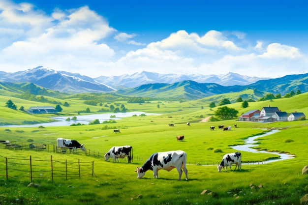 Agricultural panorama Cows graze in the lush meadow of a farm's pasture embodying the serene beauty of rural landscape