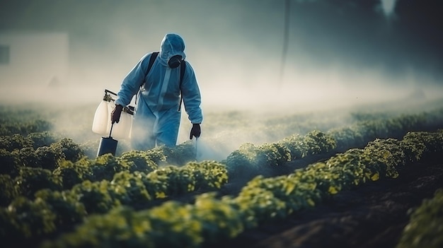 Photo agricultural pest control spraying plants in fields to protect from harmful pests