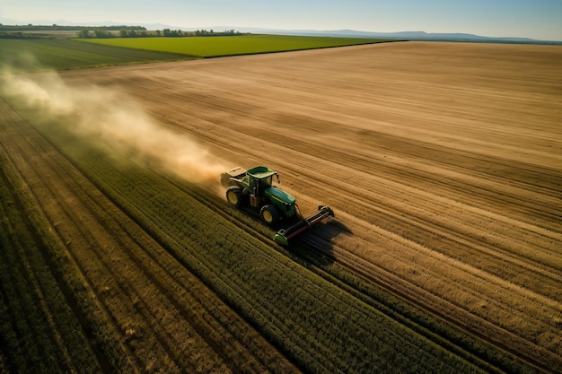 Agricultural Precision Aerial View of a Tractor Tending to Crops Generative By Ai