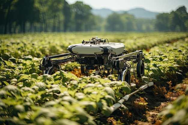 Photo agricultural robots work in green fields generative ia