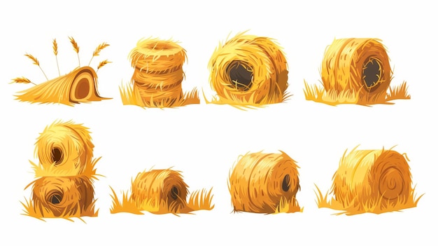 Photo agricultural rural farm haystack with straw pile for fodder or forage summer harvest concept or country animals care cartoon modern illustration set