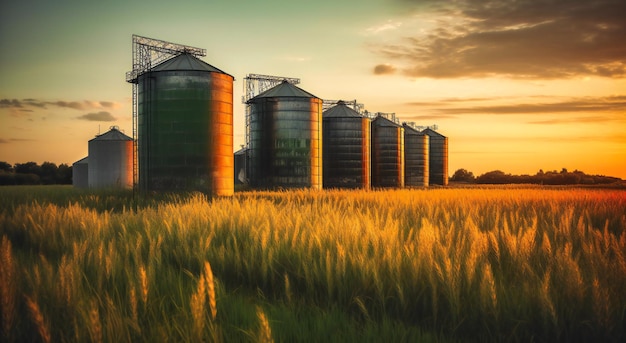 Agricultural silos in a grass field