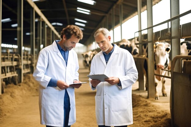 Photo an agricultural specialist inspects a farm keeping and raising cows and cattle quality control in the production of dairy products farmer