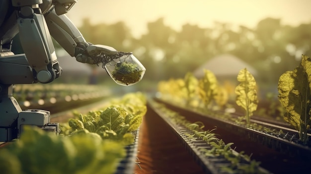 Agricultural technology concept Smart farm and Automatic robot mechanical arm harvesting vegetables