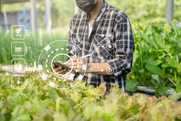 Foto uomo dell'agricoltore di tecnologia agricola che utilizza il computer della compressa che analizza i dati e l'icona di immagine di mattina