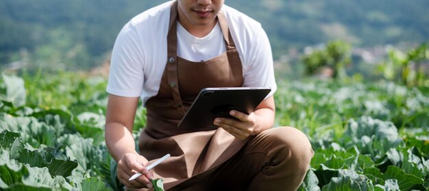 Agricultural technology farmer man using tablet computer analyzing data