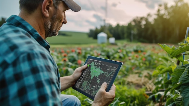 Foto specialista in tecnologia agricola che utilizza il tablet nel campo aig41
