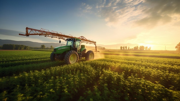 agricultural tractor plowing and spraying on a green fieldAIGenerative AI