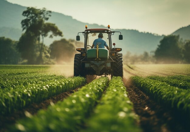 Agricultural tractor with attachments drives through farm field and agricultural background