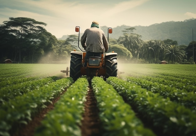 Сельскохозяйственный трактор с приспособлениями движется по сельскохозяйственному полю и сельскохозяйственному фону