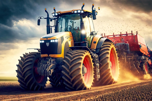 Agricultural tractor with large wheels drives through farm field and sows seeds